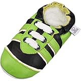  Lappade Sport grün-weiß Wildleder Jungen Sportsneaker Lederpuschen Hausschuhe Krabbelschuhe Baby Lauflernschuhe mit Ledersohle (Gr. 23/24 EU XL, Art. 110)
