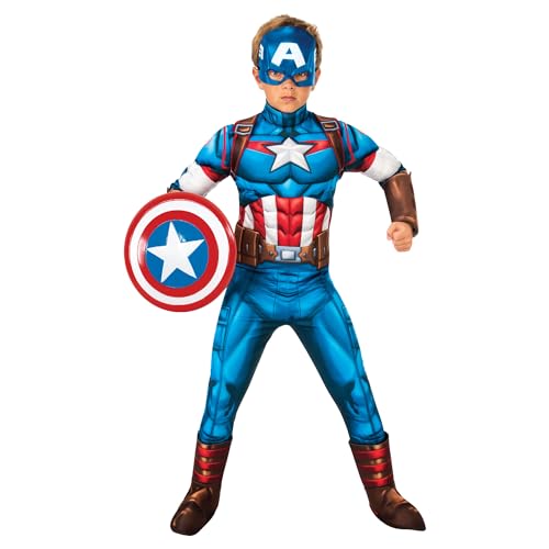 Rubies Disfraz Capitan America Deluxe para niños y niñas, Jumpsuit con pecho acolchado, cubrebotas y máscara, Oficial Marvel para Carnaval, Navidad, Cumpleaños, Fiestas y Halloween