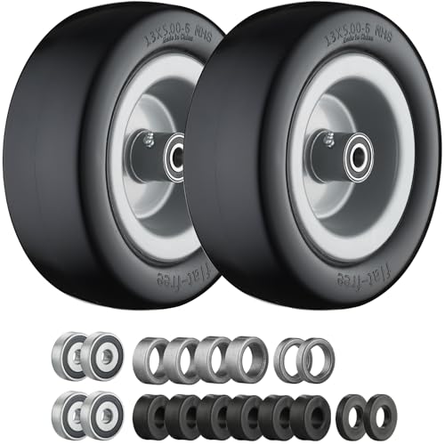 Cubesprings 13x5.00-6 Flat Free Tire and Wheel Zero Turn Mower Front Tires Gray Rim with 3/4 5/8 and 1/2 Bearings 4.2-7.3 Centered Hub Compatible with Lawn Mower Garden Tractor Gray- 2Pack