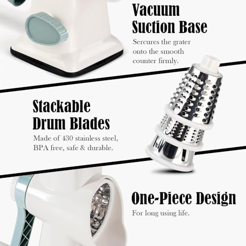 Image of Badelite Cheese Grater Hand Crank Rotating Cheese Shredder Stainless Steel Vegetable Slicer Grater for Kitchen 3 Blades for Cheese, Carrot, Cucumber, Nuts, Chocolate, White