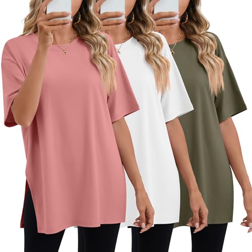 Geyoga 3 Pack Damen Oversize Sport Shirts Kurzarm mit Seitenschlitzen Rundhalsausschnitt lässige Weite Basic für das Training(Armeegrün, Weiß, Bohnenpastenrosa,XXL)