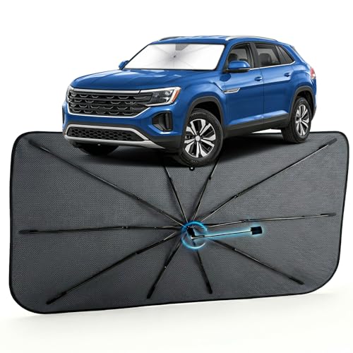 Image of Car Windshield Sun Shade for Volkswagen Atlas Cross Sport 2020-2026 - Reflective Coated Fabric Sunshade Umbrella for Front Window, UV Protection Heat Shield Sun Blocker Heat Reflector, 1:1 Exact Fit