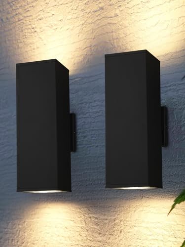 Image of LEONLITE 2-Pack 18 inch Outdoor Rectangular Wall Light, Up and Down, E26 Base | Modern Porch Patio Lights, Waterproof Wall Sconce, Exterior Light Fixture Wall Mount, Aluminum, Matte Black, ETL Listed