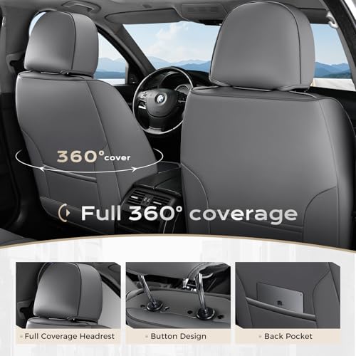 Image of Coverado Car Seat Covers Full Set, Nappa Leather Seat Covers for Cars, Car Seat Protector Car Seat Cushion, Front and Back Seat Protectors Cushions Universal Fit for Most Cars Vehicles(Gray&Black)