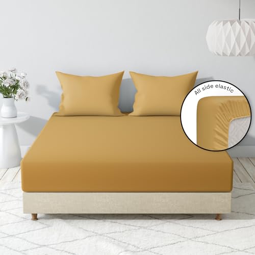 Image of Wakefit 100% Cotton 200 TC Solid Fitted Bedsheet with 2 Pillow Covers | Golden Yellow Diwan, 72 inch x 48 inch, Golden Yellow | 1.83m x 1.22m