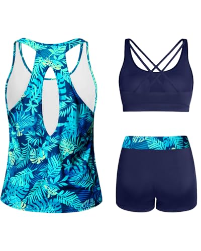 Image of Tempt Me 3 Piece Tankini Swimsuits for Women Athletic Bathing Suits Swim Tank Top with Boy Shorts and Bra Modest Swimwear