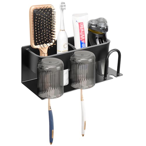 HarJue Adhesive Toothbrush Holders for Bathroom, Wall Mounted Toothbrush Organizer for Toothpaste Toothbrush Cup Shavers Bath Accessories Storage, Keep Countertop Clean and Tidy (Large, Matte Black)
