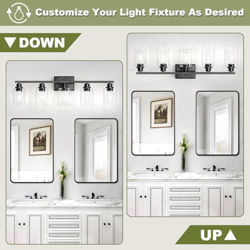 Image of Unicozin Modern Bathroom Light Fixtures, 5 Light Vanity Lights Over Mirror, Black Wall Lamp with Clear Glass for Living Room Cabinet Bedroom Porch