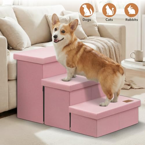 Image of Zerbuger Dog Stairs with Storage, Pink 3 Steps Dog Ramp no Condo for Bed | 18 inch H Small Dog Steps for High Beds Couch, Folding Storage Pet Stairs Gift for Climbing Small /Medium /Large Old Dogs Cats