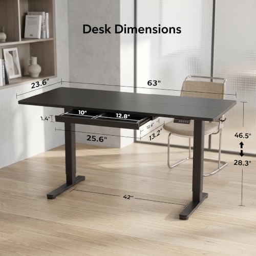 Image of Claiks Electric Height Adjustable Standing Desk with Drawers, 63 x 24 Inch Sit Stand Desk for Home Office, Computer Desk Workstation,Black