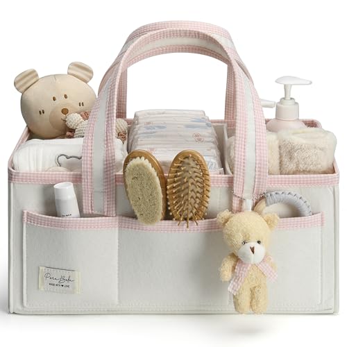 PeraBella XL Diaper Caddy Organizer With Handle, Baby Shower Gifts Basket Bag, Registry Search Must Haves Items, Newborn Girl Boy Nursery Storage Organizer, Baby Bag Essentials, Car Diaper Caddy Cart