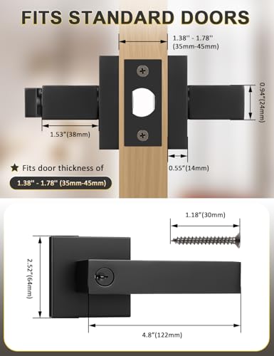 Image of Tinewa 3 Pack Entry Door Levers with Lock and Key, Matte Black Keyed Alike Lockset Combo Pack, Entrance Door Handles for Office and Front Door, Door Knobs Lockset (Each with 3 Keys)