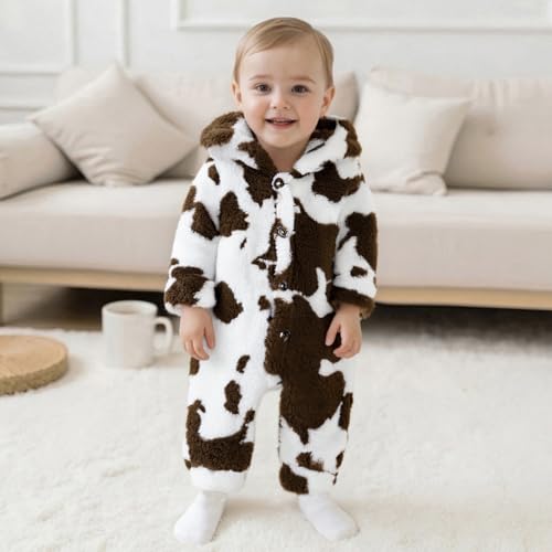 Newborn Boys Girls Fleece Western Jumpsuit Long Sleeve Button Zebra Cow Print Hooded Romper Infant Baby Winter Clothes2