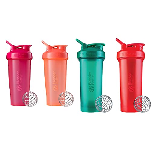 BlenderBottle Classic Shaker Bottle, 28-Ounce (2 Pack), All Pink and Coral & Classic V2 Shaker Bottle, 28-Ounce (2 Pack), Red, Green