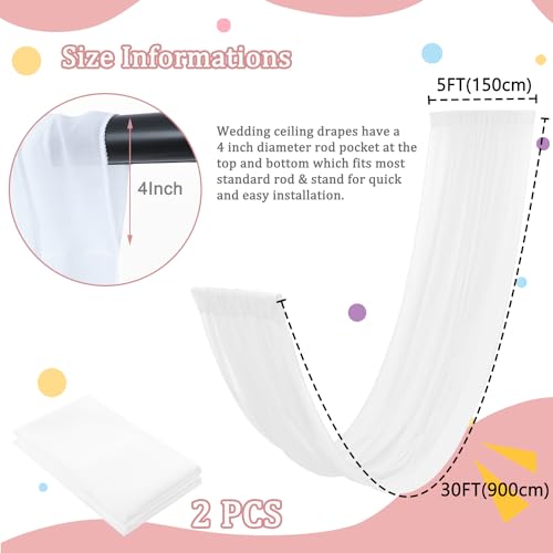 Image of FOTSHARER White Ceiling Drapes for Weddings 5FTx30FT 2 Panels Chiffon Arch Draping Fabric Sheer Curtains for Chiffon Ceiling Drapery Tulle Ceiling Drapes for Wedding Party Ceremony Swag Tent Decor