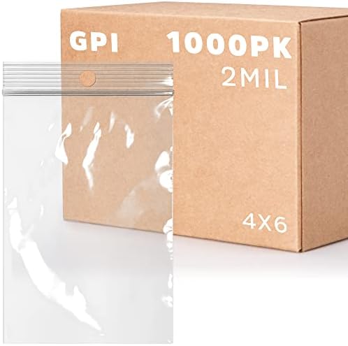 GPI - 4" x 6" - Bulk Case of 1000, 2 Mil Thick, Clear Plastic Reclosable Zip Bags, Hang Hole for Display, Durable Poly Baggies with Resealable Zip Top Lock for Storage, Packaging & Shipping