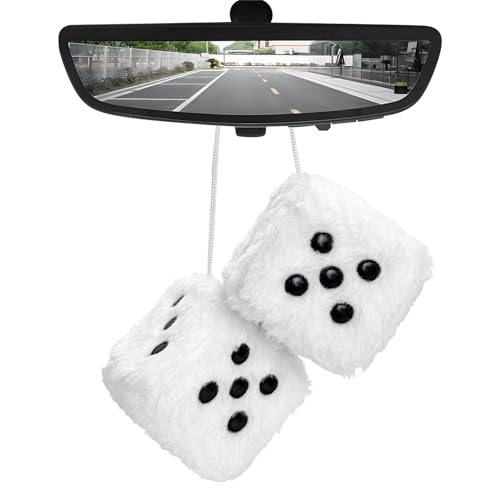 MUQIDA Fuzzy Plush Dice for Car Mirror 3 Inch Pair of Retro Square Mirror Ornament Soft Dice with Dots Vintage Couple Pendant Charms Vehicle Interior Hanging Decoration for Women (White)