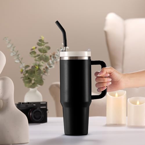 Image of KooK Stainless Steel Tumbler, with Straw and Handle, Leakproof, Vacuum Insulated Travel Coffee Mug, Reusable Double Walled Water Bottle, Keeps Hot or Cold, 40 oz, Black