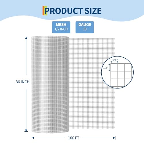 Image of Garvee 1 /2 inch Hardware Cloth-36in x 100ft 19GA Heavy Duty Galvanized Chicken Wire Mesh Roll, Hot-Dipped After Welding for Chicken Coop, Rabbit Cages & Garden Fencing - Poultry Netting & Fencing
