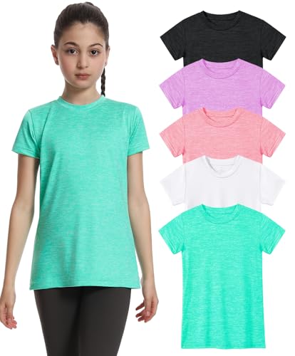 Image of 5 Pack Girls Athletic Shirts Short Sleeve Dry Fit T-Shirts Tops for Teens | Soft and Breathable Fabric, Bright and Cute Colors, Longer Length Design, Colorfast and Anti-Wrinkle