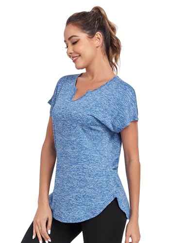 Women's Short Sleeve Workout Shirts V Neck Exercise Yoga Basic Top Quick Dry Side Split4