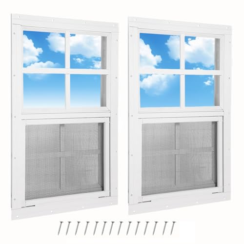 2 Pack Shed Window, 24" x 36" Flush Mount Window with Tempered Glass and Fiberglass Screen, Small Sliding Windows for Shed, Chicken Coop, Playhouse, Household, Garage, Barns, White