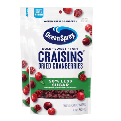 Ocean Spray® Craisins®, 50% Less Sugar Dried Cranberries, Dried Fruit, 5 Oz Pouch (Pack of 2)