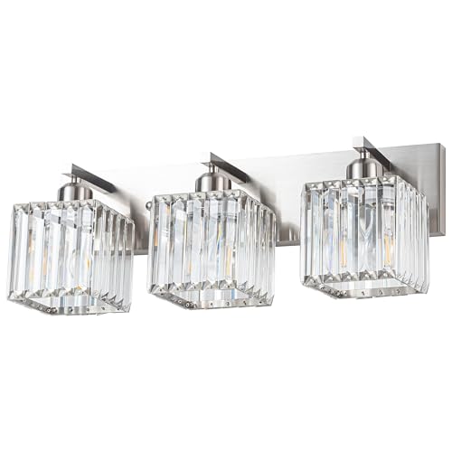 Image of Modern Bathroom Vanity Light 3-Lights, Modern Chrome Crystal Light Fixtures Over Mirror, Chrome Bathroom Vanity Lighting Crystal Wall Sconce