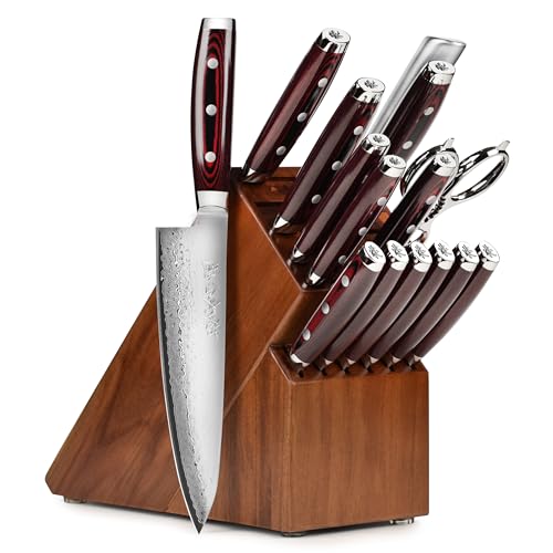 Yaxell Super Gou 16 Piece Knife Set - Made in Japan - 161 Layers SG2 Stainless Damascus, Acacia Block