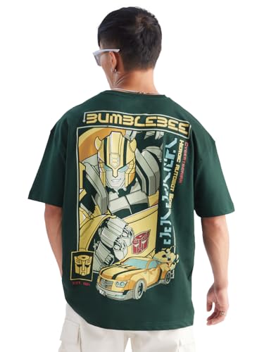 Image of The Souled Store Transformers: Bumblebee Mens & Boys Oversized Fit Graphic Printed Half Sleeve Cotton Green Oversized T-Shirts