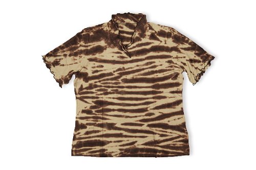 [作務衣と和専門店　職人の技ひめか] 伝統工芸-有松絞り 和テイスト-ニット素材フリル襟袖 半袖シャツ (茶) - 作務衣と和専門店　職人の技ひめか - 商品画像