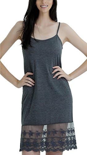 Melody Women's lightweight layering lace ruffle knit full slip dress extender with adjustable straps Dark Grey