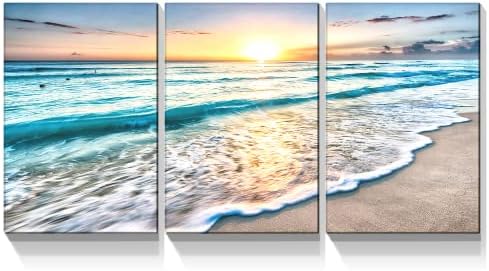 Looife Ocean Canvas Wall Art 24x32 Inch 3 Panels Setting Sun And Blue Sea Waves Painting Picture Giclee Prints Gallery Wrapped Ready to Hang Artwork for Living Room Bedroom Decoration …