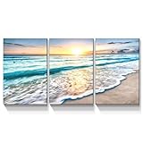 Looife Ocean Canvas Wall Art 24x32 Inch 3 Panels Setting Sun And Blue Sea Waves Painting Picture Gic