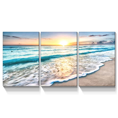 Looife Ocean Canvas Wall Art 24X32 Inch 3 Panels Setting Sun And Blue Sea Waves Painting Picture Giclee Prints Gallery Wrapped Ready To Hang Artwork For Living Room Bedroom Decoration … #TOP14