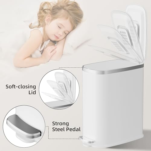Image of KUK Slim Bathroom Trash Can with Lid Soft Close, Step Pedal, 2.6 Gal / 10L Stainless Steel Garbage Can with Removable Inner Bucket, Anti-Fingerprint Wastebasket for Office, Bedroom, Toilet (White)