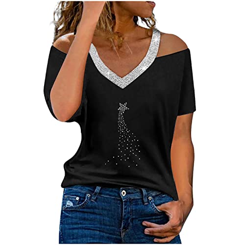 2024 Camiseta de Manga Corta Mujer Moda Color sólido Camisa un Hombro Verano Suelto Cuello en V Túnica Tops Sexy Casual Fiesta T-Shirt Original Basic tee Camisetas Blusa