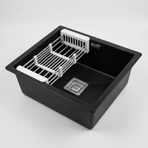 Image of Gloxy Premium Granite Quartz Kitchen Sink 16 inch x 18 inch x 9 inch - Black Matte Finish Quartz Sink with Coupling Pipe and Drain Basket - Single Bowl Sink Undermount /Topmount Installation - 3 Years Warranty