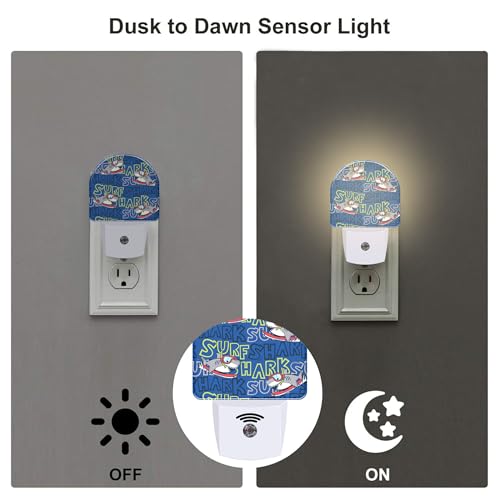 Image of Cartoon Surfing Sharks Night Light, Cool Cute Shark Dusk to Dawn Night Light Plug in,0.5w Energy Saving Sleep Friendly Nightlights for Kids Boys Girls Home Decor