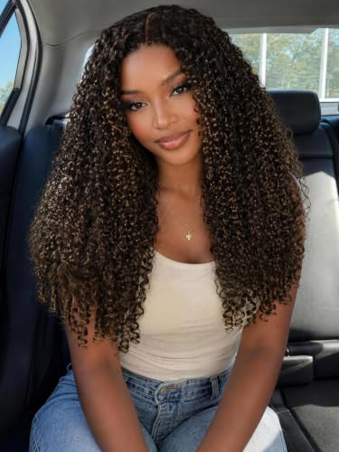 Image of KLAIYI Ombre Brown Burmese Curly Pre Cut 7x5 Lace Front Wigs Human Hair 24 inch | Bye Bye Slip Glueless Drawstring Wig Finger Coil End Black to Chestnut Brown Pre Plucked Bleached Knots Ready to Wear Go Wig