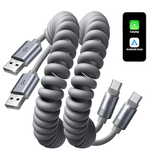 LISEN Coiled USB C Cable, 2 Pack for Android Auto & CarPlay Cable, Short USB A to USB C Cable Compatible with iPhone 17/16/15, Samsung Galaxy S25/S24/S23 A15/A14, Google Pixel 9/8, Space Gray 4FT