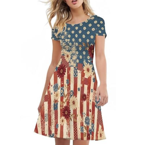 Image of HUGS IDEA Womens Puffy Swing Midi Dress Round Neck Short Sleeve Party A-Line Dresses