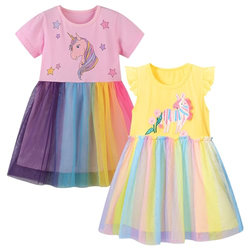 Toddler Little Girls Casual Dresses 2-Pack Cotton Crew Neck Graphic Cartoon Dress for 3-6 Years