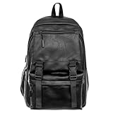 Fuaihui Black Leather Rucksack Men, PU Leather Laptop Backpack for Men, Water-Resistant 15.6 Inch Large Capacity Gothic Business School Travel Rucksack