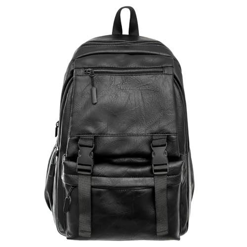 Fuaihui Black Leather Rucksack Men PU Leather Laptop Backpack for Men Water-Resistant 15.6 Inch Large Capacity Gothic Business School Travel Rucksack