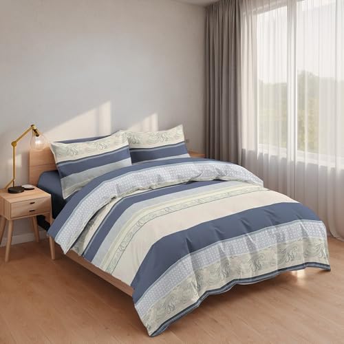 Etrexonline Juego de Funda Nórdica 3 Piezas Cama 90 Microfibra Extra Suave Transpirable - 1 Funda Edredón 150x220 cm, 1 Bajera 90x200+28 cm y 1 Funda Almohada 50x110 cm (Azul y Beige)