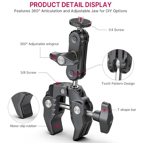 Image of Action Pro Clamp Camera Mount with 360 Ball Head & Magic Arm, Double Ball Head Adapter, 1 /4 inch-20 & 3 /8 inch-16 Thread, Compatible with GoPro Action Cameras & DSLR Accessories