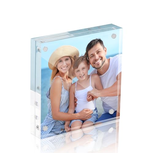 Image of HOUSE DAY Acrylic Picture Frames 4x4, 1 Pack Magnetic 4 x 4 Picture Frame, Double Sided Clear 4x 4 Photo Frame with Microfiber Cloth, Frameless FreeStanding 4x4 Frame Gift for Desktop Display