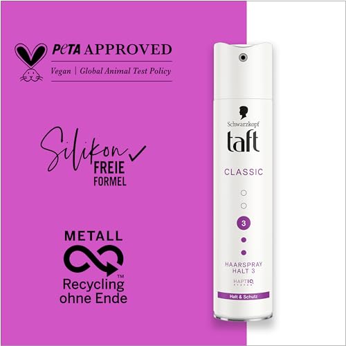 Schwarzkopf Taft Classic lakier do włosów (250 ml), stopień utrwalenia 3 stylizacji włosów, lakier do wszystkich rodzajów włosów, utrwalenie i ochrona, wegańska formuła *