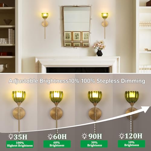 Image of Shenmoyl Battery Operated Wall Sconce Set of 2, Green Tulip Vintage Wall Light Fixture Rechargeable 5000mAh Battery Powered Wall Lamp with Remote for Living Room Bathroom